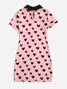 SHEIN Tween Girl Heart Print Contrast Collar Dress - Baby Pink - View 2