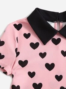 SHEIN Tween Girl Heart Print Contrast Collar Dress - Baby Pink - View 4