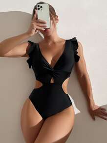 SHEIN Swim 素色褶邊連體泳衣 - 黑色 - 查看 1