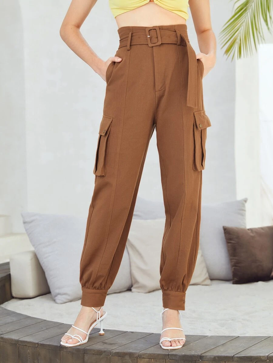 SHEIN Zipper Fly Buckle Belted Cargo Trousers - Brown - View 1