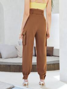 SHEIN Zipper Fly Buckle Belted Cargo Trousers - Brown - View 2