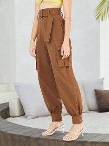 SHEIN Zipper Fly Buckle Belted Cargo Trousers - Brown - View 4