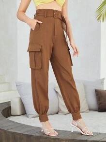 SHEIN Zipper Fly Buckle Belted Cargo Trousers - Brown - View 5