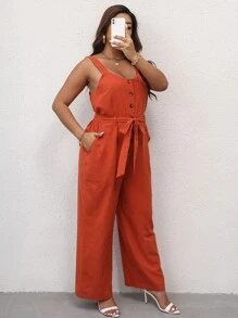 Jumpsuits Plus Size Thắt lưng Túi Nút phía trước màu trơn Giải trí - Màu Cam cháy - Xem 1