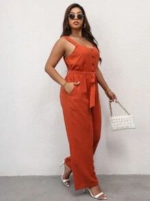 Jumpsuits Plus Size Thắt lưng Túi Nút phía trước màu trơn Giải trí - Màu Cam cháy - Xem 3