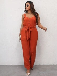 Jumpsuits Plus Size Thắt lưng Túi Nút phía trước màu trơn Giải trí - Màu Cam cháy - Xem 5