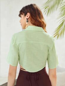 SHEIN Essnce Áo sơ mi Nếp gấp Phần Ngực Cắt dán Nút phía trước Mùa vụ - Màu xanh chanh - Xem 2