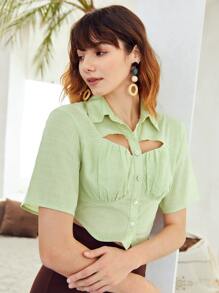 SHEIN Essnce Áo sơ mi Nếp gấp Phần Ngực Cắt dán Nút phía trước Mùa vụ - Màu xanh chanh - Xem 3