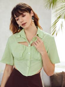 SHEIN Essnce Áo sơ mi Nếp gấp Phần Ngực Cắt dán Nút phía trước Mùa vụ - Màu xanh chanh - Xem 5