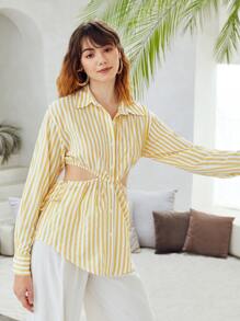 SHEIN Unity Camisa con estampado de rayas con botón delantero con abertura - Multicolor - Ver 3