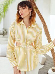 SHEIN Unity Camisa con estampado de rayas con botón delantero con abertura - Multicolor - Ver 4