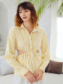 SHEIN Unity Camisa con estampado de rayas con botón delantero con abertura - Multicolor - Ver 5