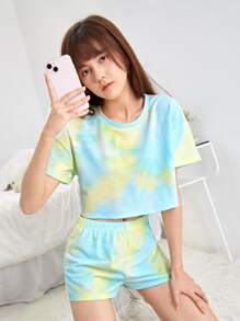 SHEIN Bộ hai mảnh Gái Cà vạt nhuộm Giải trí - Màu xanh nhạt - Xem 1