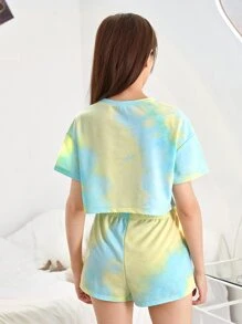 SHEIN Bộ hai mảnh Gái Cà vạt nhuộm Giải trí - Màu xanh nhạt - Xem 2