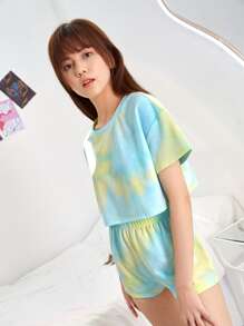 SHEIN Bộ hai mảnh Gái Cà vạt nhuộm Giải trí - Màu xanh nhạt - Xem 3