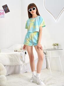 SHEIN Bộ hai mảnh Gái Cà vạt nhuộm Giải trí - Màu xanh nhạt - Xem 4