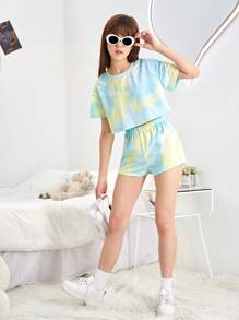 SHEIN Bộ hai mảnh Gái Cà vạt nhuộm Giải trí - Màu xanh nhạt - Xem 5