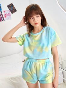 SHEIN Bộ hai mảnh Gái Cà vạt nhuộm Giải trí - Màu xanh nhạt - Xem 7