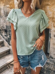 SHEIN LUNE Blusa de manga a capas con textura - Verde - Ver 4