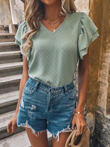 SHEIN LUNE Blusa de manga a capas con textura - Verde - Ver 6