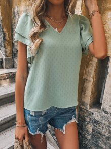 SHEIN LUNE Blusa de manga a capas con textura - Verde - Ver 7