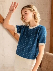 Knit Mix 优雅女士时尚针织法式通勤T恤，水钻领口设计，简约复古撞色宽松版型，适合春秋季穿着，随机图案，适合情人节、返校季、秋冬季女装，也适合圣诞节、感恩节和新年等场合。夏季休闲度假之选。 - 藏蓝色 - 查看 4