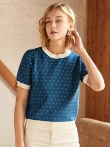 Knit Mix 优雅女士时尚针织法式通勤T恤，水钻领口设计，简约复古撞色宽松版型，适合春秋季穿着，随机图案，适合情人节、返校季、秋冬季女装，也适合圣诞节、感恩节和新年等场合。夏季休闲度假之选。 - 藏蓝色 - 查看 5