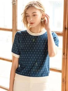 Knit Mix 优雅女士时尚针织法式通勤T恤，水钻领口设计，简约复古撞色宽松版型，适合春秋季穿着，随机图案，适合情人节、返校季、秋冬季女装，也适合圣诞节、感恩节和新年等场合。夏季休闲度假之选。 - 藏蓝色 - 查看 6