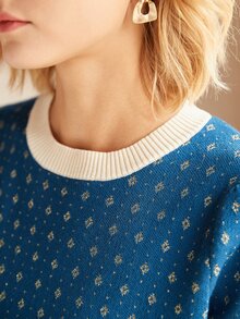 Knit Mix 优雅女士时尚针织法式通勤T恤，水钻领口设计，简约复古撞色宽松版型，适合春秋季穿着，随机图案，适合情人节、返校季、秋冬季女装，也适合圣诞节、感恩节和新年等场合。夏季休闲度假之选。 - 藏蓝色 - 查看 7