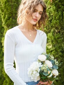 Knit Mix Pointelle Knit V Neck Cardigan - White - View 3