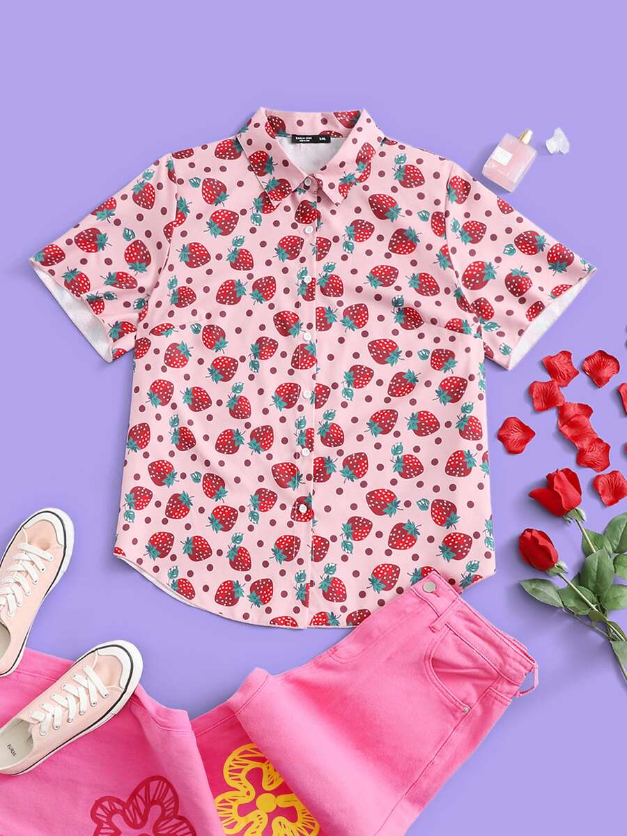 大碼滿版草莓圖案襯衫 - 彩色 - 查看 1