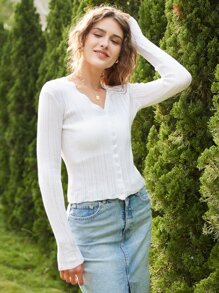 Knit Mix Pointelle Knit V Neck Cardigan - White - View 1