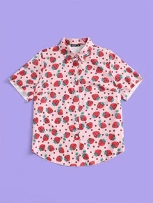 大碼滿版草莓圖案襯衫 - 彩色 - 查看 3