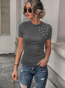 SHEIN Unity Pearls Beaded Rib-knit Round Neck Tee - Dark Grey - View 6