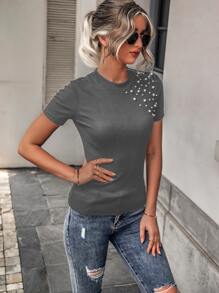 SHEIN Unity Pearls Beaded Rib-knit Round Neck Tee - Dark Grey - View 5