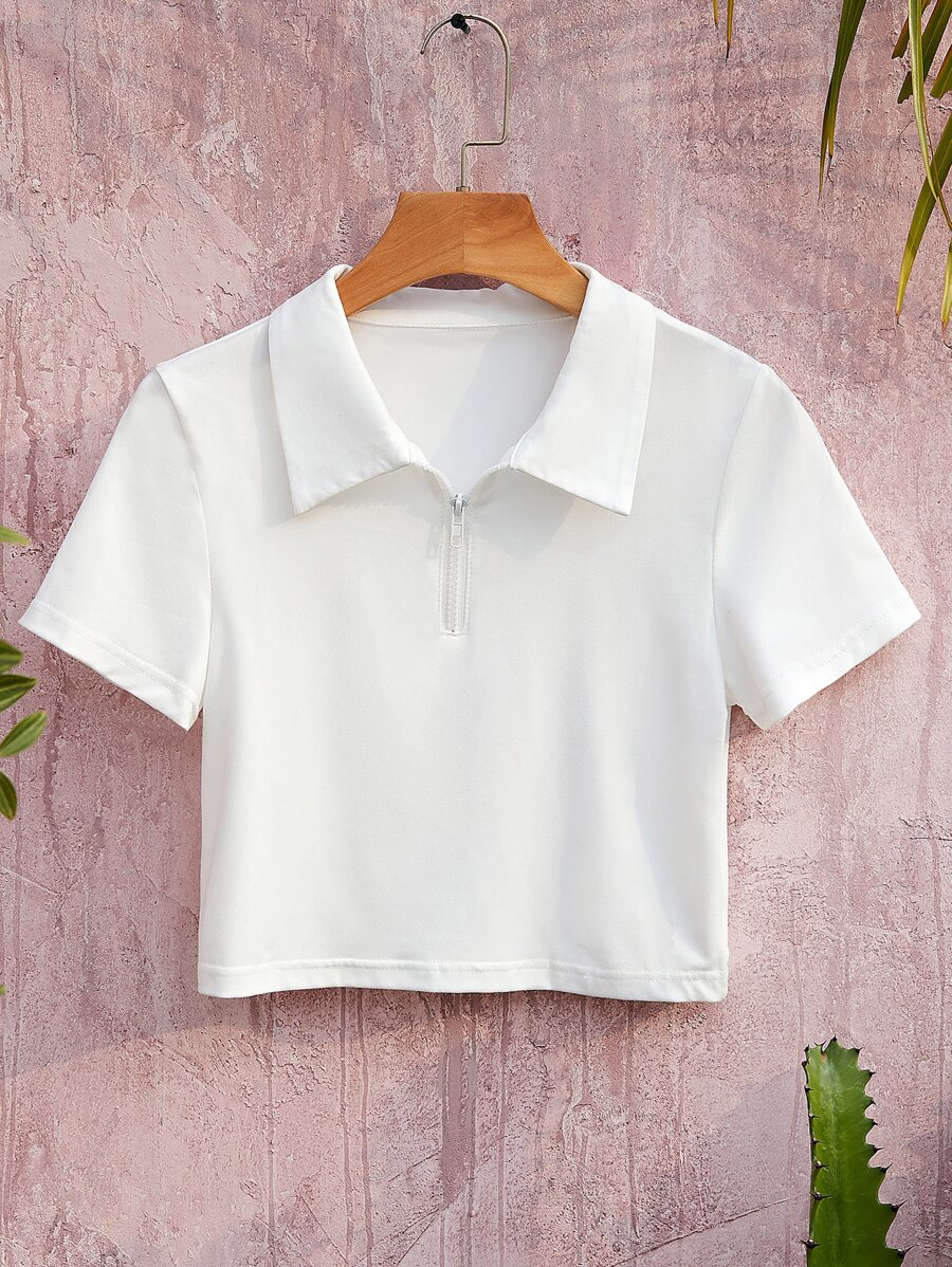 INAWLY Camiseta unicolor con cremallera media - Blanco - Ver 1