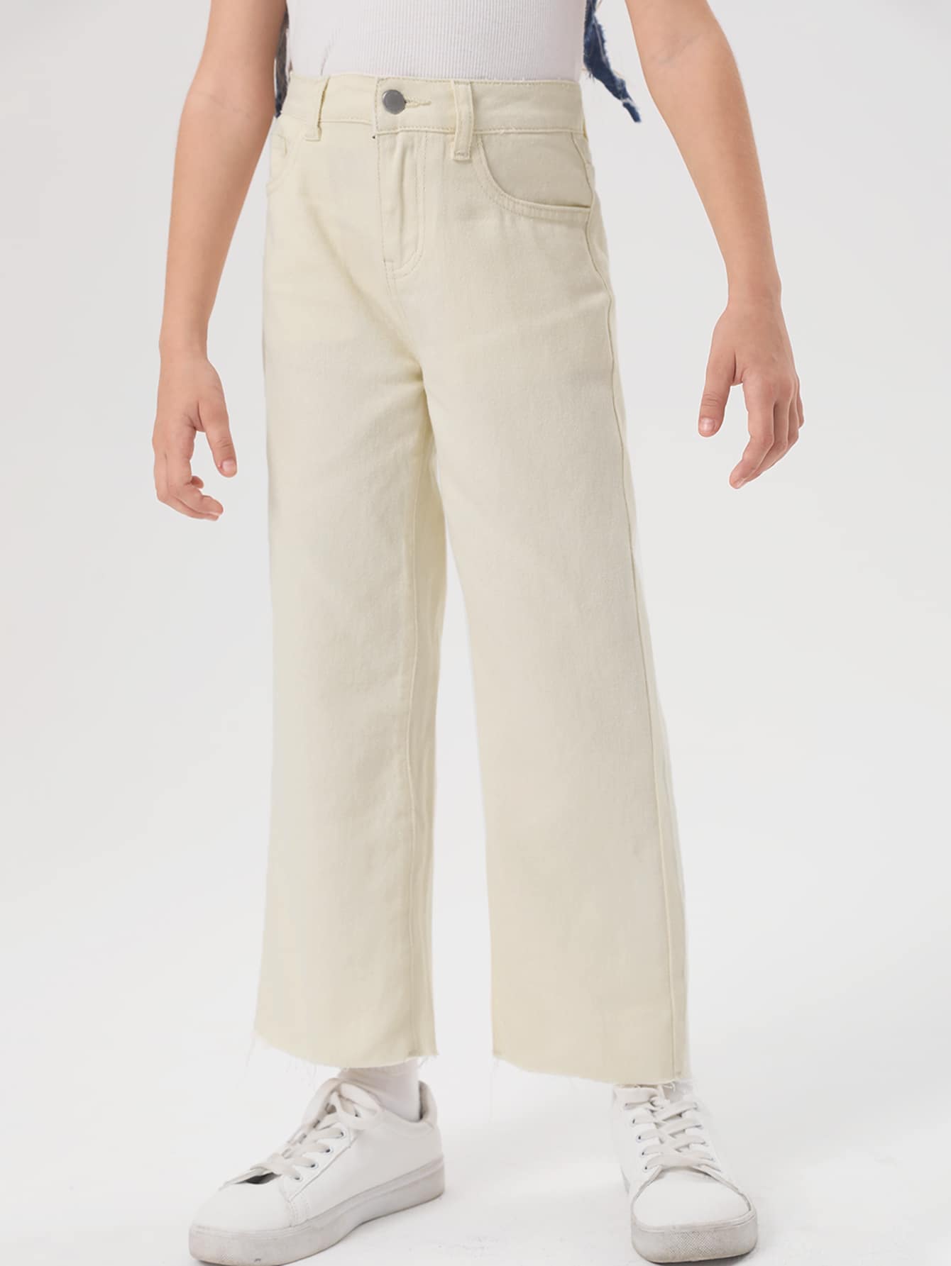 SHEIN 女孩高腰毛邊下擺牛仔褲 - 米色 - 查看 1