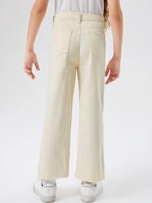SHEIN 女孩高腰毛邊下擺牛仔褲 - 米色 - 查看 2