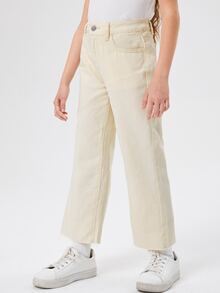 SHEIN 女孩高腰毛邊下擺牛仔褲 - 米色 - 查看 3