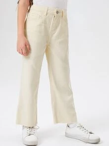 SHEIN 女孩高腰毛邊下擺牛仔褲 - 米色 - 查看 4