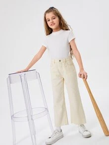 SHEIN 女孩高腰毛邊下擺牛仔褲 - 米色 - 查看 5