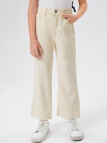 SHEIN 女孩高腰毛邊下擺牛仔褲 - 米色 - 查看 6