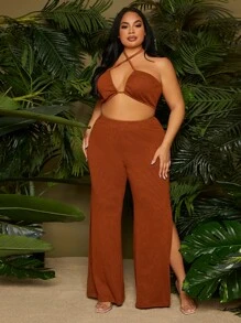 SHEIN SXY Bộ thời trang Plus Size Hội Chữ thập Tách cao màu trơn Gợi cảm - Rỉ Nâu - Xem 1