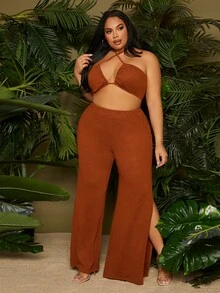 SHEIN SXY Bộ thời trang Plus Size Hội Chữ thập Tách cao màu trơn Gợi cảm - Rỉ Nâu - Xem 4