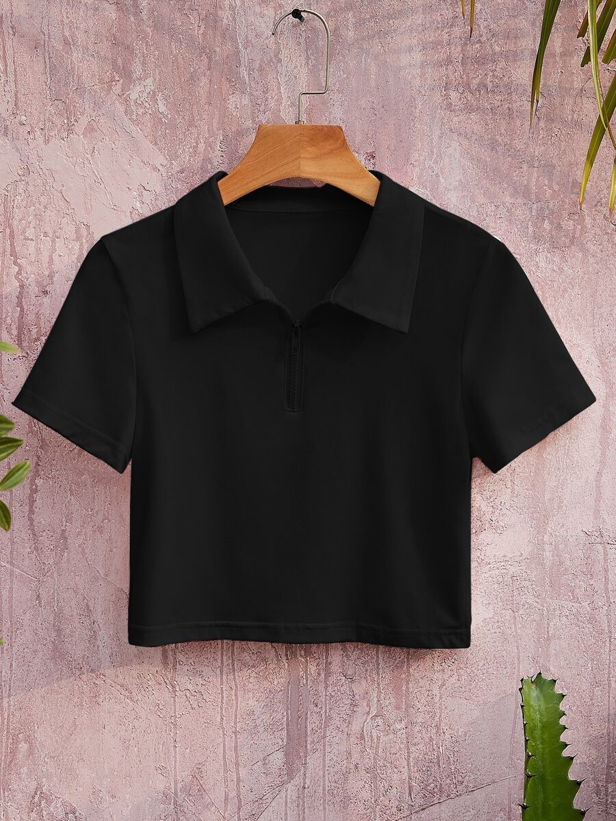 INAWLY Polo Neck Half Zip Tee - Black - View 1