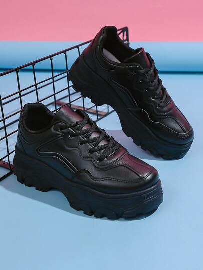 2025 Automne Femmes Baskets blanches à semelle épaisse et respirantes, chaussures de plateforme casual et polyvalentes, chaussures  noir à lacets imperméables, grandes tailles pour dames