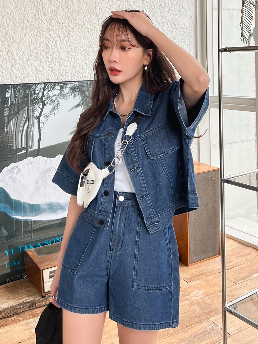 DAZY Drop Shoulder Denim Jacket & Slant Pockets Denim Shorts