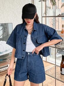 DAZY Drop Shoulder Denim Jacket & Slant Pockets Denim Shorts