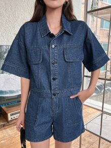 DAZY Drop Shoulder Denim Jacket & Slant Pockets Denim Shorts