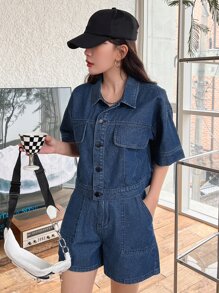 DAZY Drop Shoulder Denim Jacket & Slant Pockets Denim Shorts